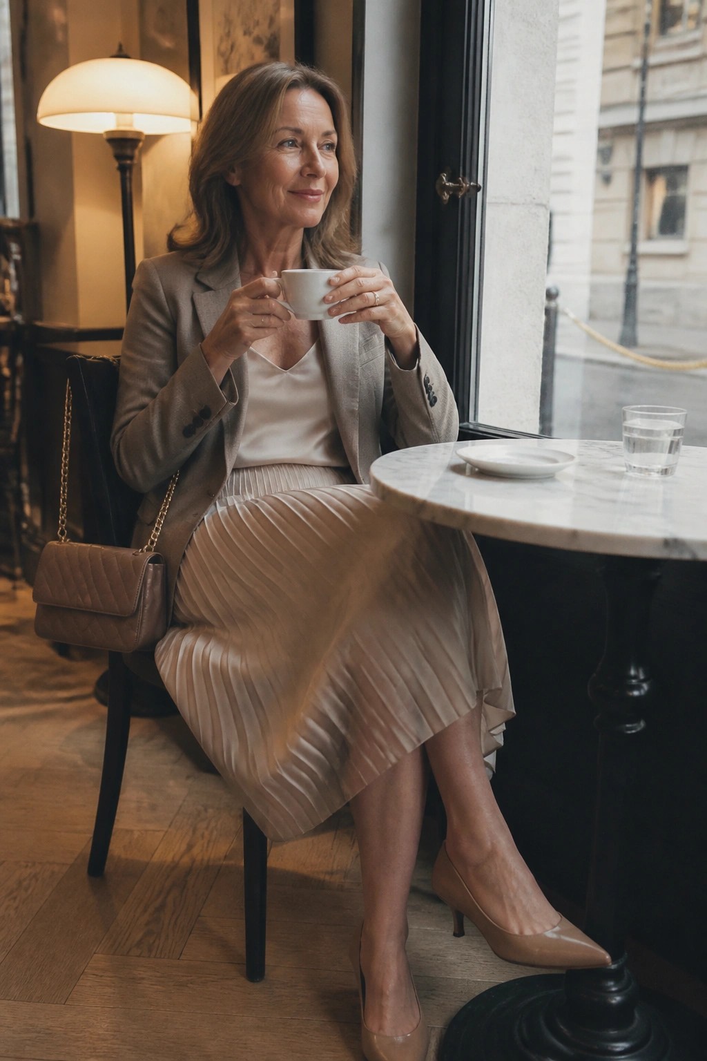 Woman in beige blazer and pleated skirt holding white cup at marble cafe table