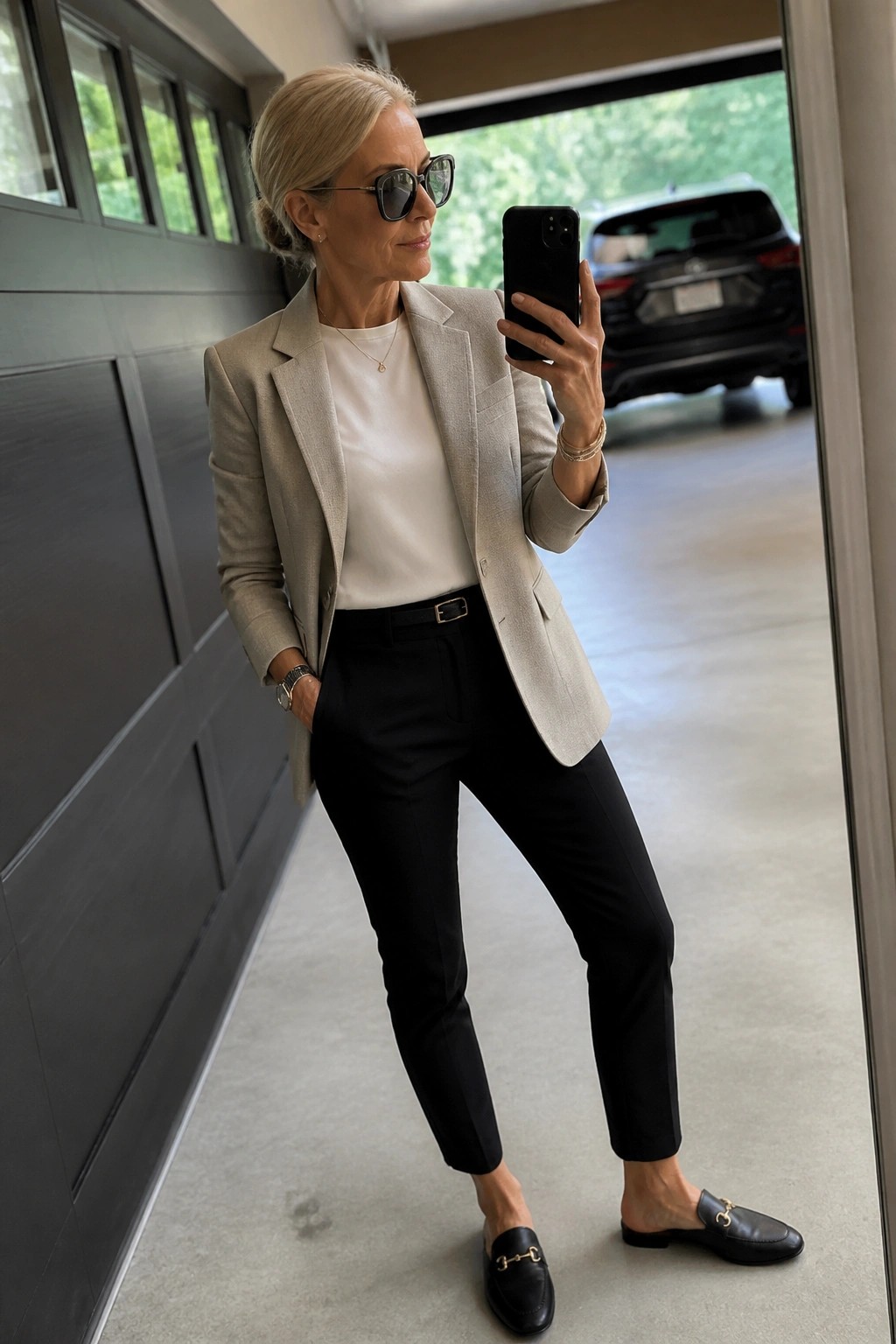Stylish blonde woman in beige blazer and black pants taking a selfie in garage