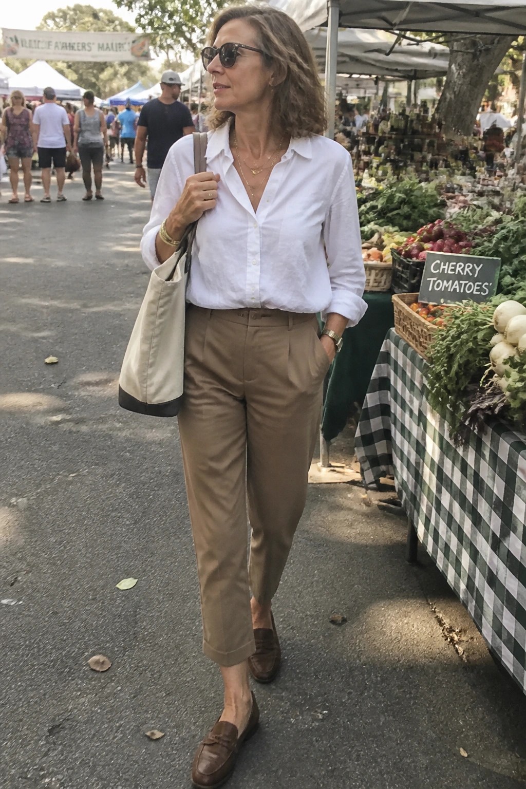Woman in white shirt and brown pants with tote at farmers market produce stand