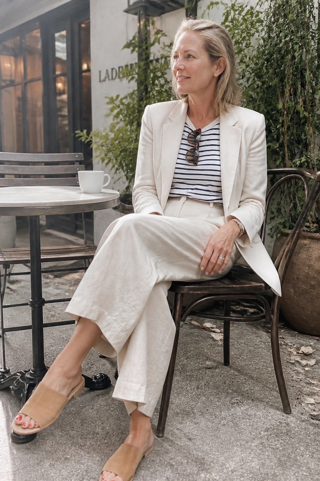 Woman in white blazer and striped top seated at outdoor cafe table