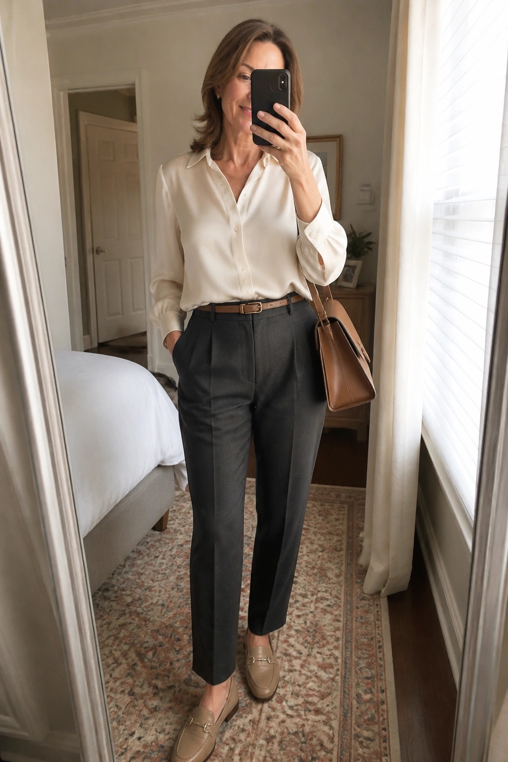 Woman in cream blouse and gray trousers taking mirror selfie with brown handbag in bedroom