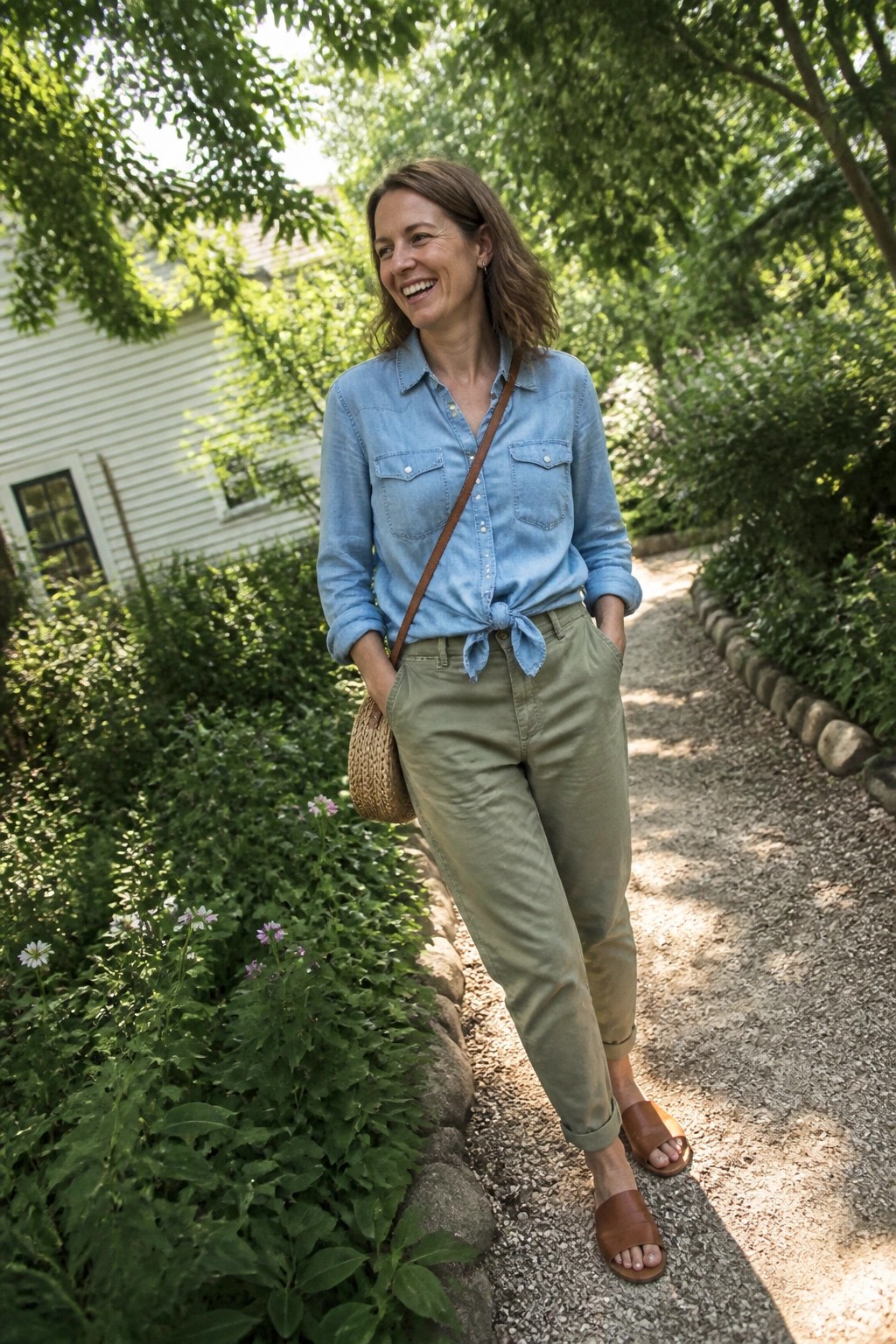 Smiling woman in blue denim shirt tied at waist and olive pants on garden path