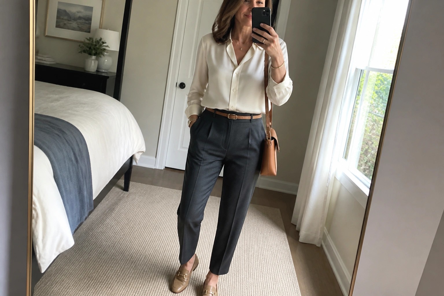 Woman in cream blouse and gray trousers taking mirror selfie with brown handbag in bedroom