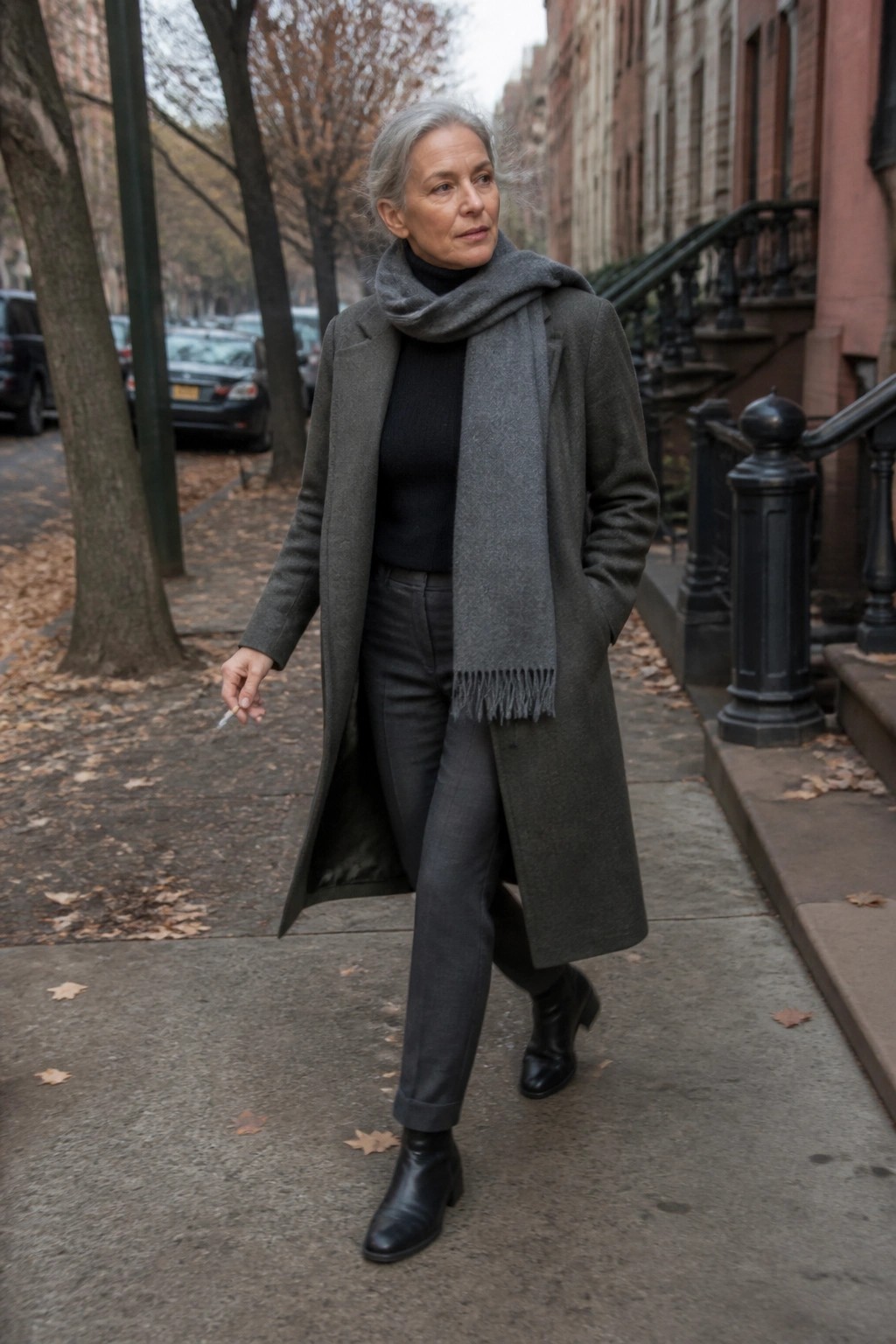 Stylish gray-haired woman in long coat and scarf walks city sidewalk holding cigarette