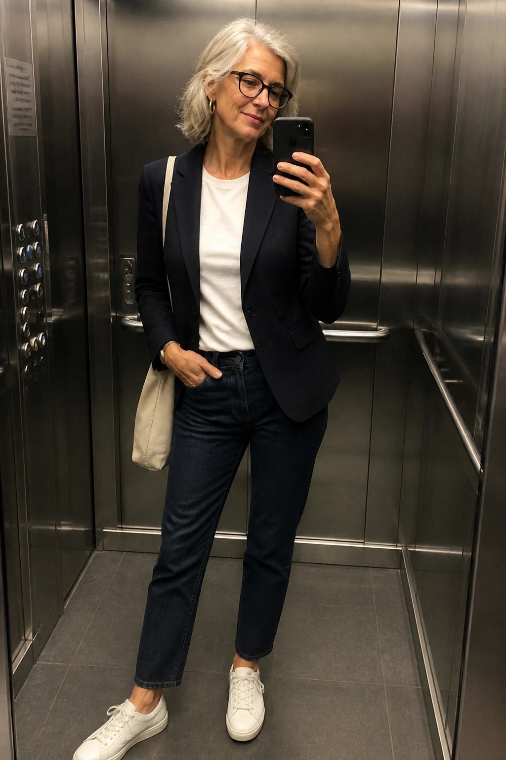 Woman with gray hair in navy blazer and jeans taking selfie in elevator.