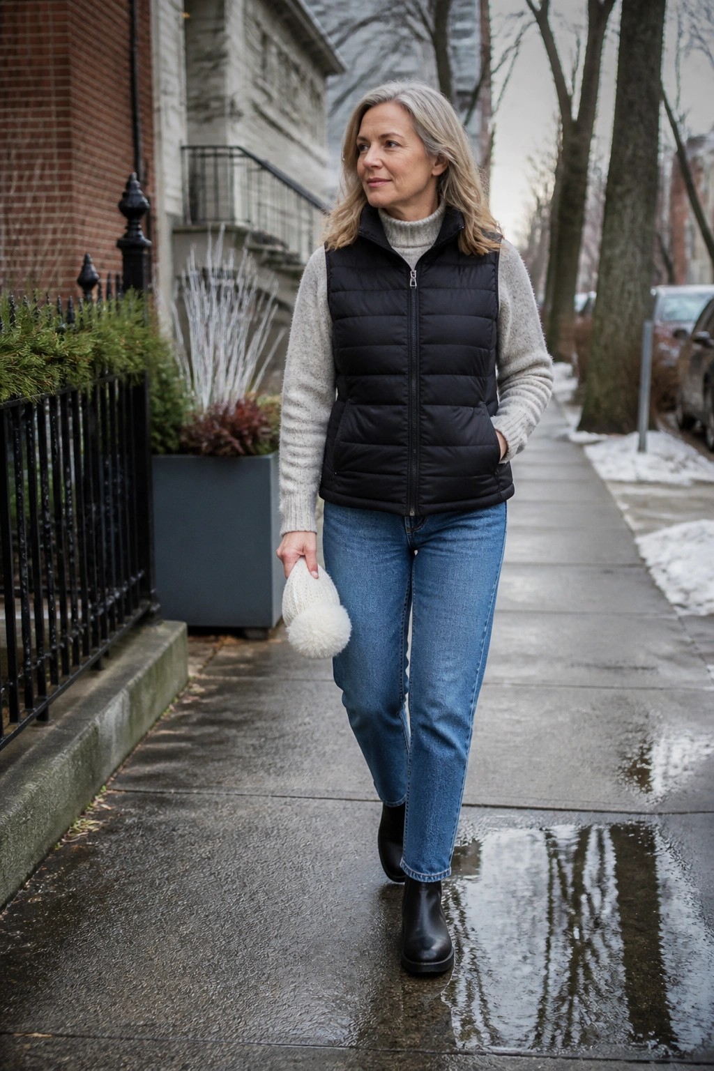 Gray-haired woman in black puffer vest holding white knit hat on wet sidewalk