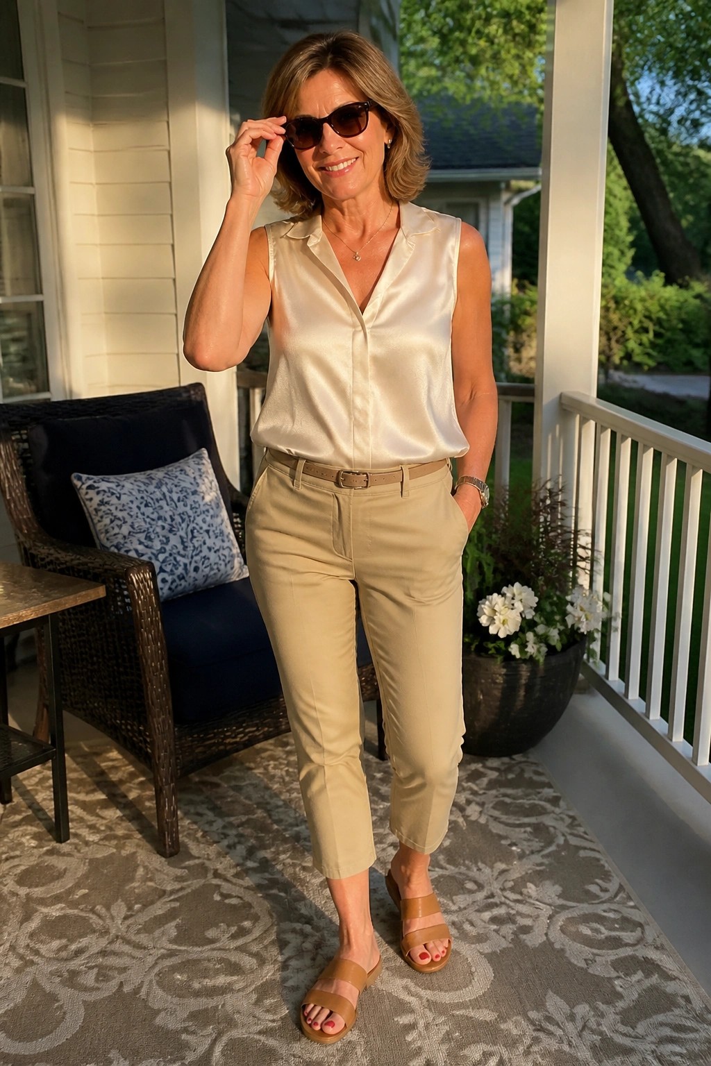Woman over 50 wearing a cream satin sleeveless button front blouse tucked into beige slim cropped pants with a brown belt and matching slide sandals plus sunglasses and layered necklaces.