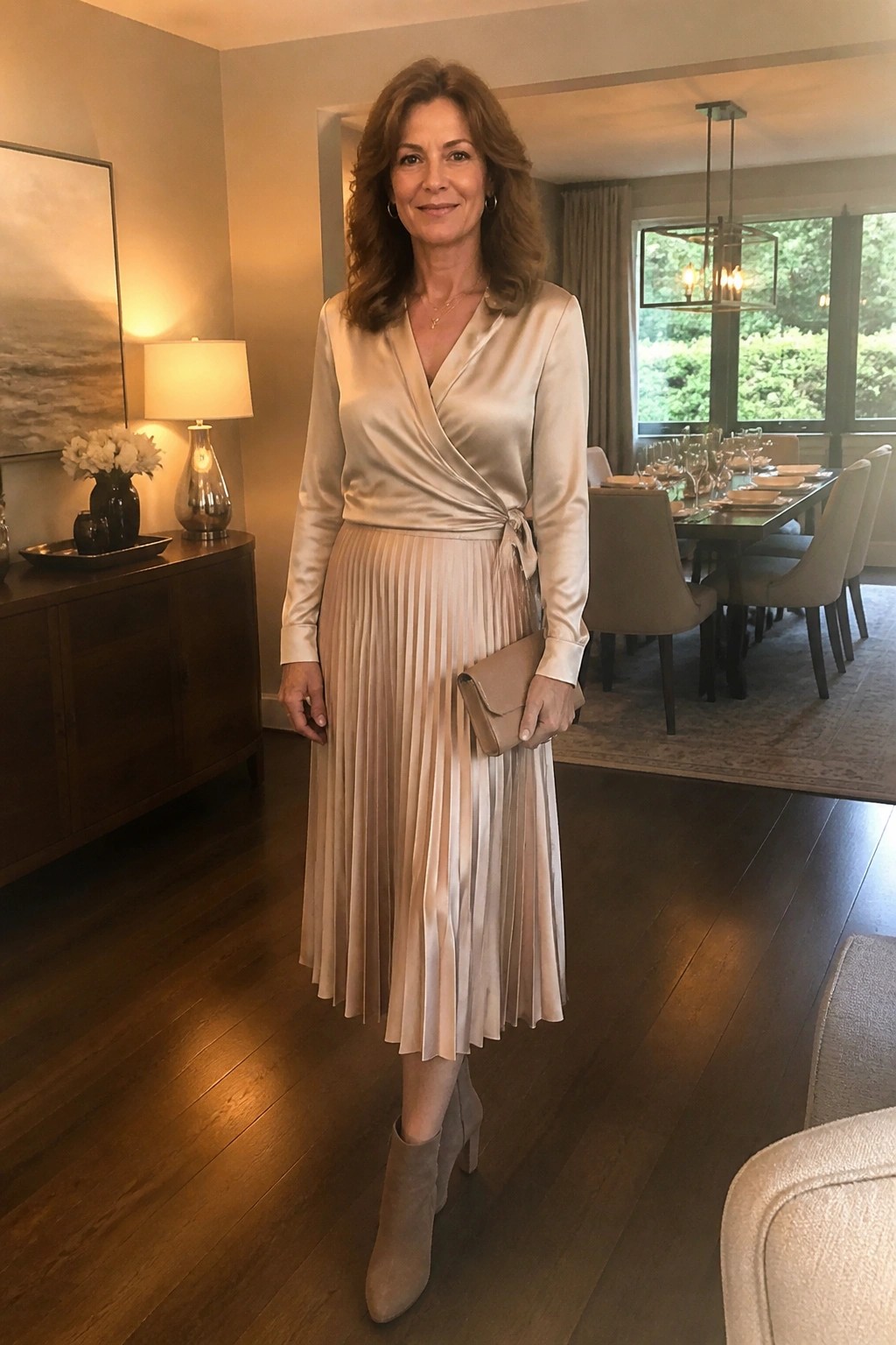 Woman in beige satin wrap blouse and pleated skirt in elegant dining room