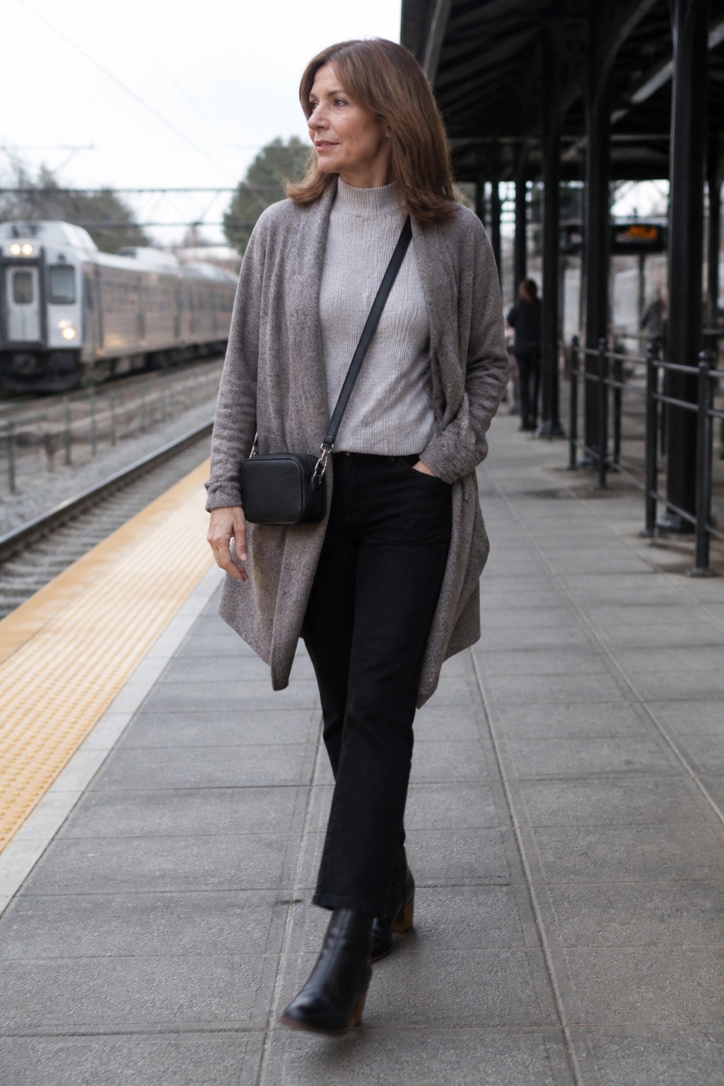 Woman in gray cardigan over turtleneck and black pants on train platform