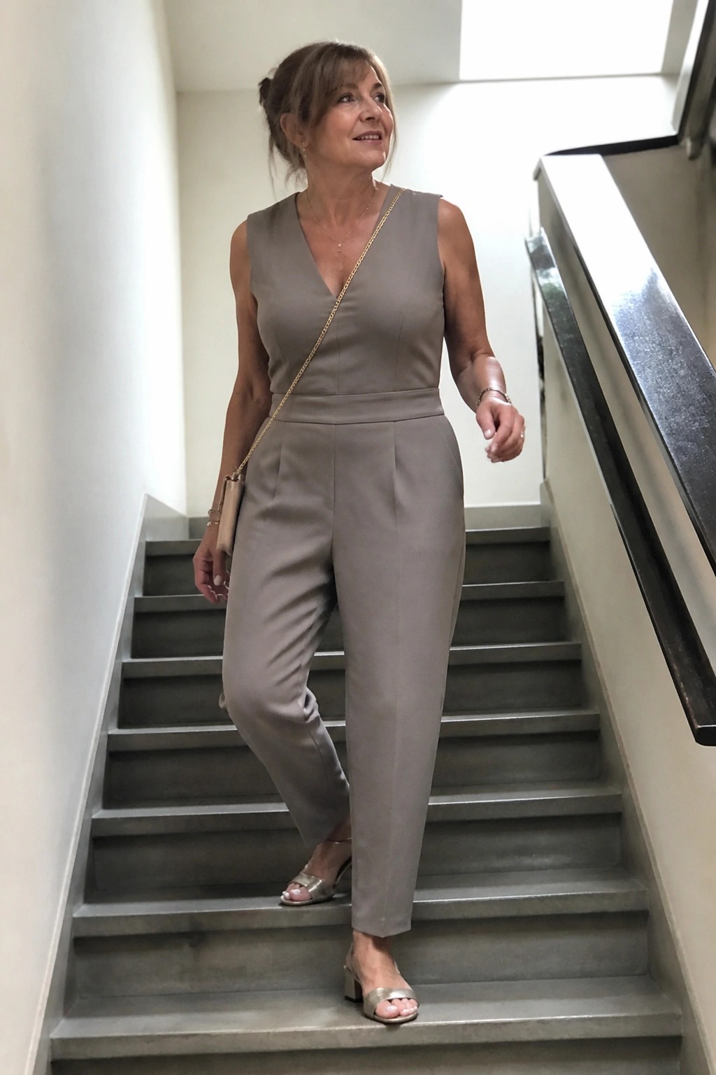 Woman in taupe jumpsuit on gray stairs with gold chain purse and sandals