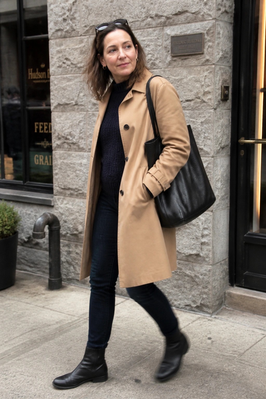 Woman in tan trench coat with black leather bag on city sidewalk