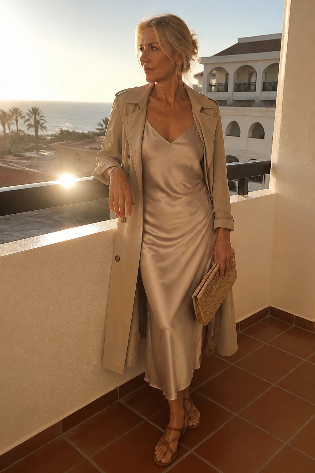 Blonde woman in beige trench coat over satin slip dress on sunset ocean balcony.