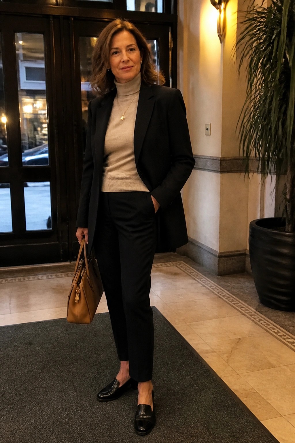 Woman in black blazer and beige turtleneck holding brown handbag in lobby