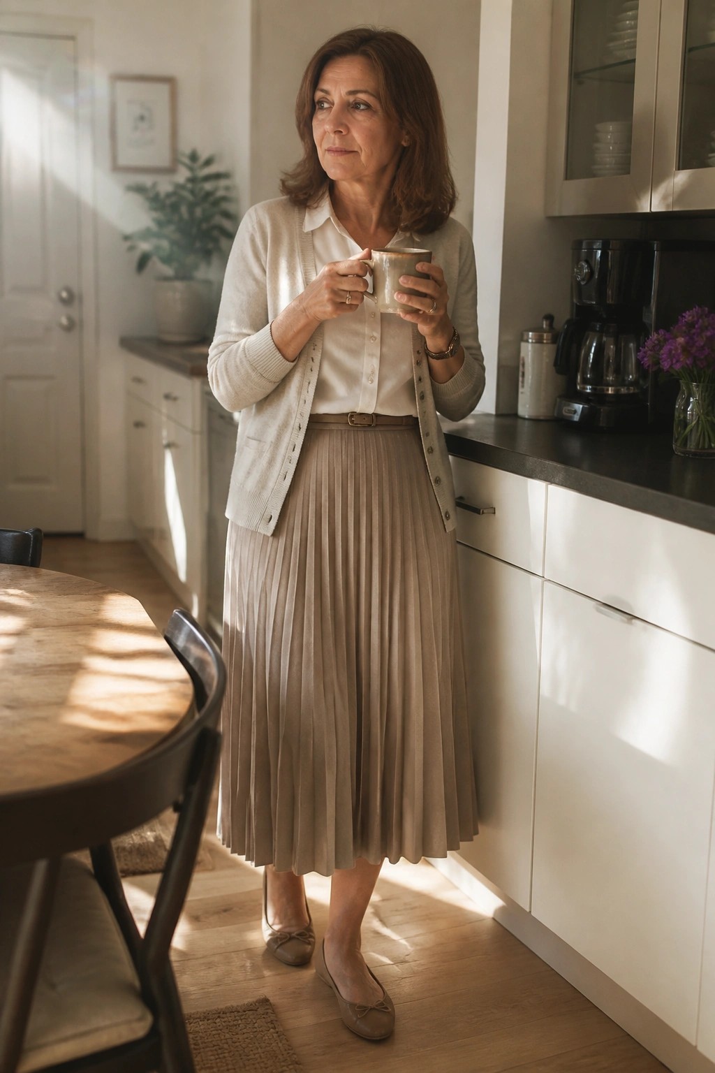Woman in beige cardigan and pleated skirt holding mug in sunlit kitchen