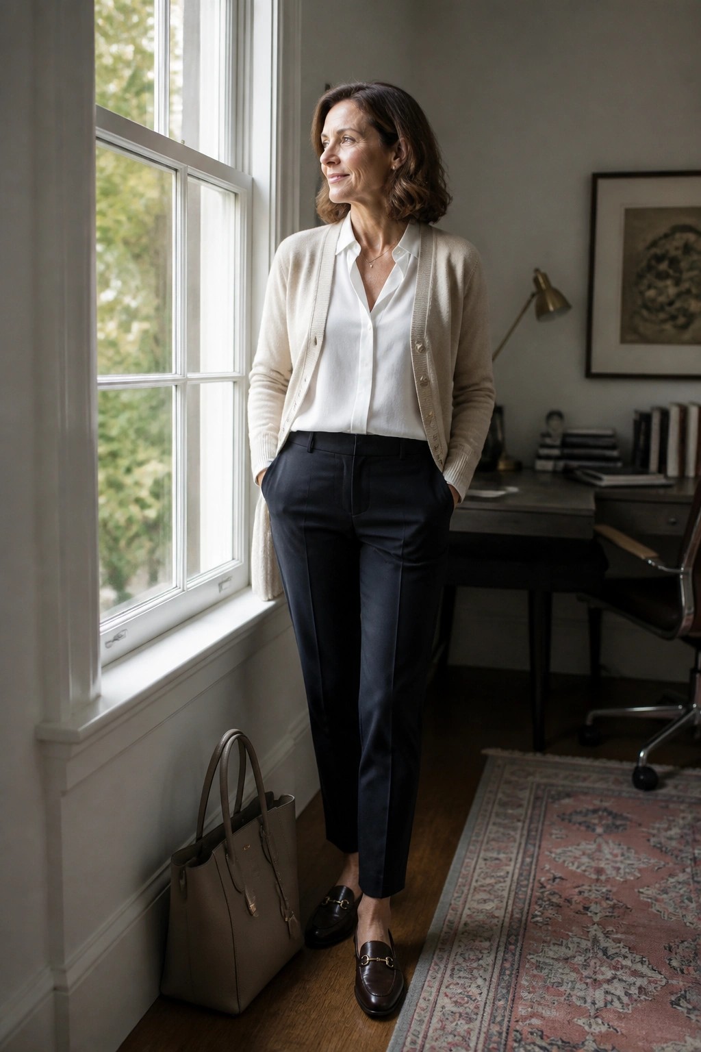 Woman in cream cardigan over white button-down shirt, black tailored pants, brown loafers with gold hardware, holding a beige tote bag in an office interior.