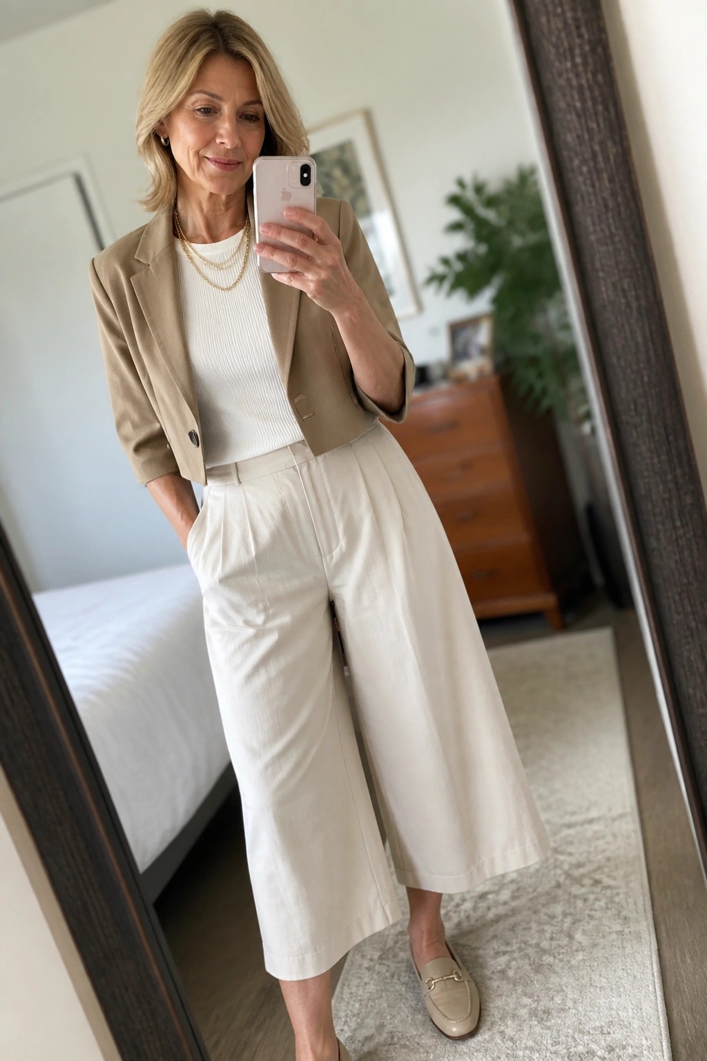 Blonde woman in beige cropped blazer and white wide-leg pants taking mirror selfie