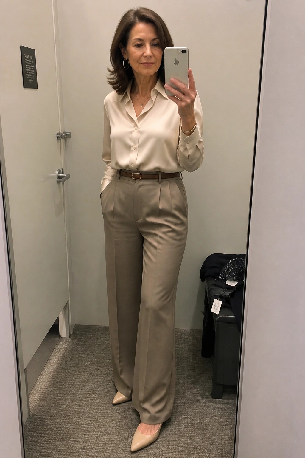 Woman in beige blouse and trousers taking iPhone mirror selfie in fitting room