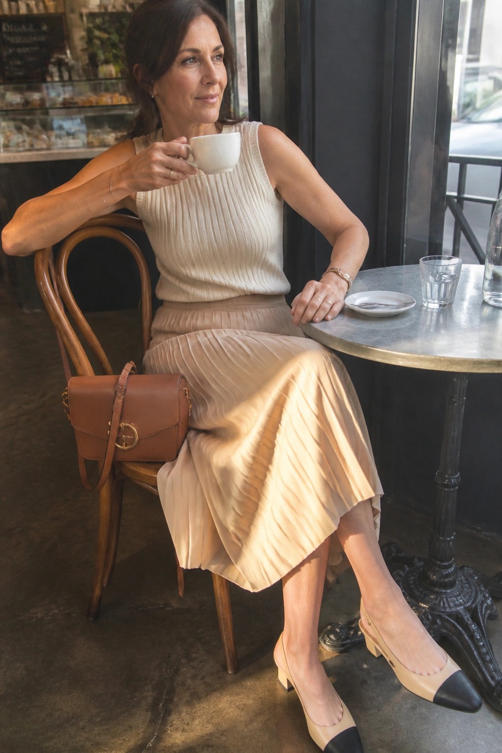 Woman wearing cream sleeveless ribbed knit top tucked into beige pleated midi skirt with brown leather crossbody bag and two tone beige black pointed toe heels.