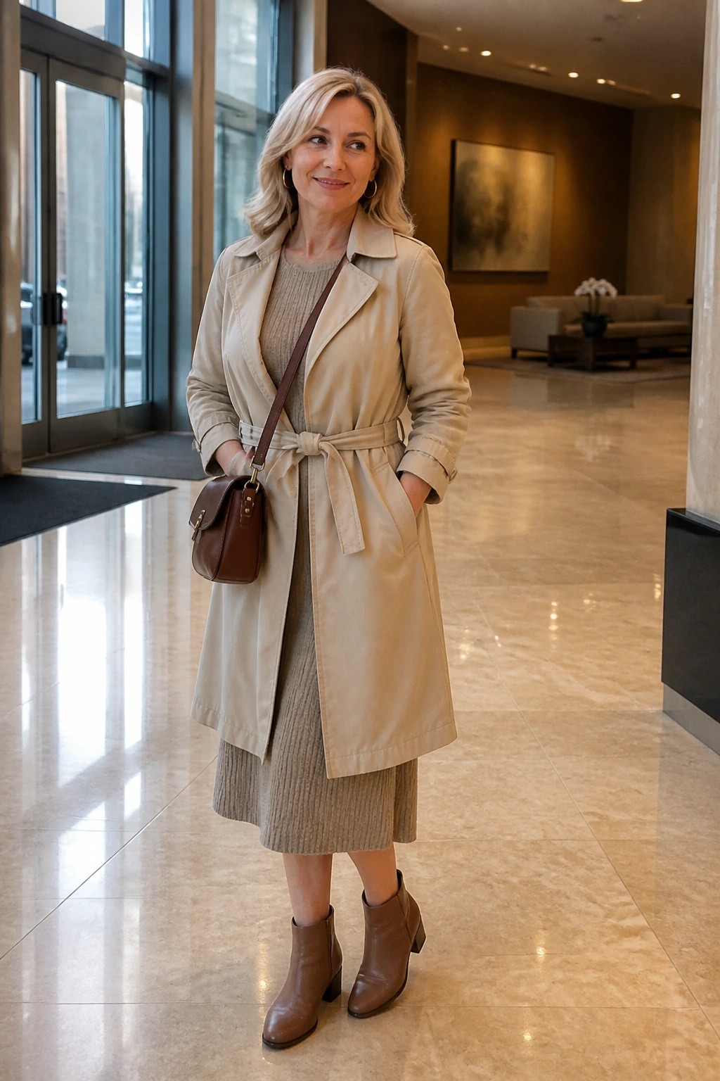 Blonde woman in beige trench coat over knit midi dress in modern lobby