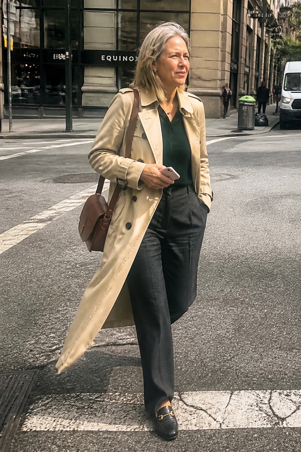 Woman in beige trench coat crossing city street holding smartphone and bag