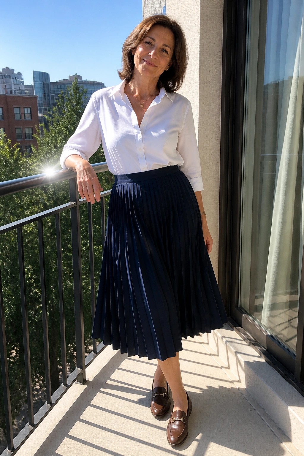 Woman in white button down shirt tucked into navy pleated midi skirt paired with brown loafers and simple gold jewelry.