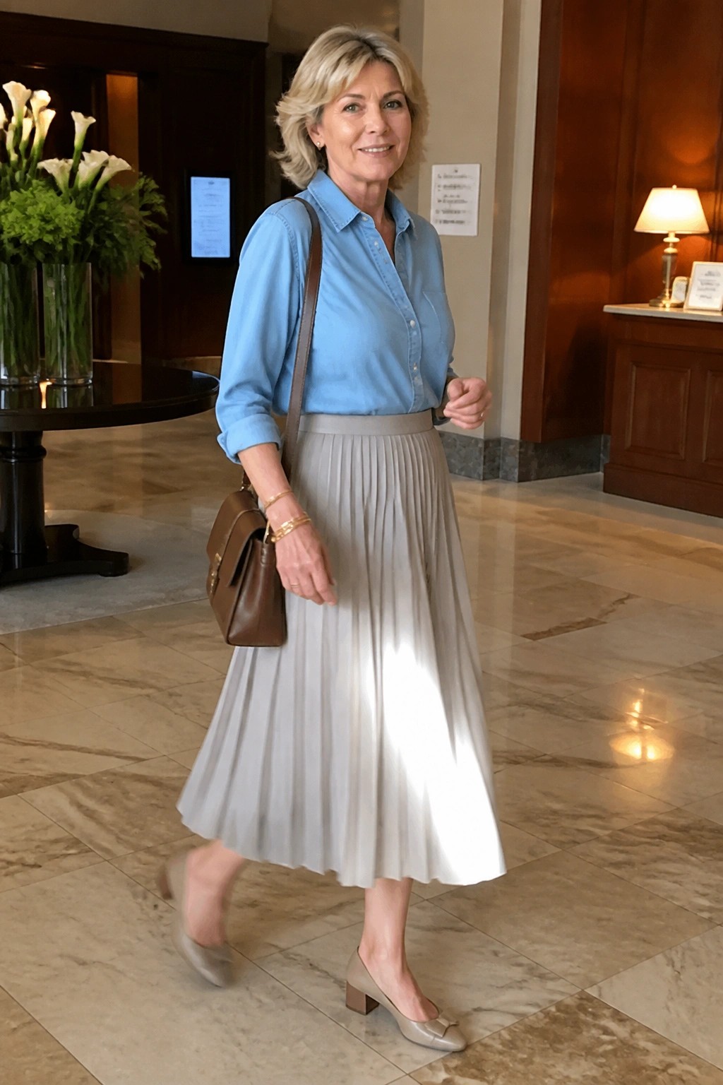 Elegant woman in blue denim shirt and gray pleated skirt with brown leather bag