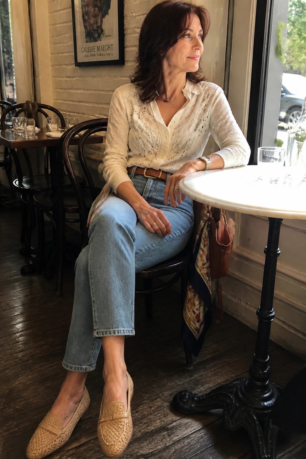 Woman in cream lace blouse and jeans seated at cafe table in woven loafers