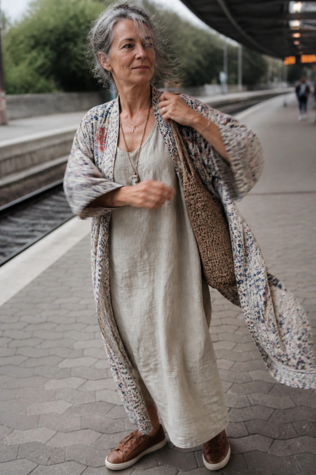 Gray-haired woman in beige dress and floral kimono holding crocheted bag on train platform