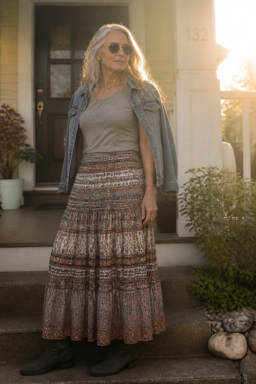 Woman over 50 in a long tiered boho skirt with earthy patterns, gray tee, denim jacket draped over shoulders, and black ankle boots standing on steps.