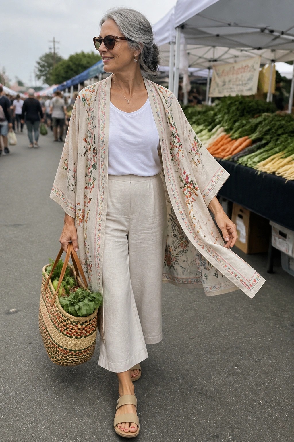 Silver-haired woman in floral kimono and linen pants holding basket at market