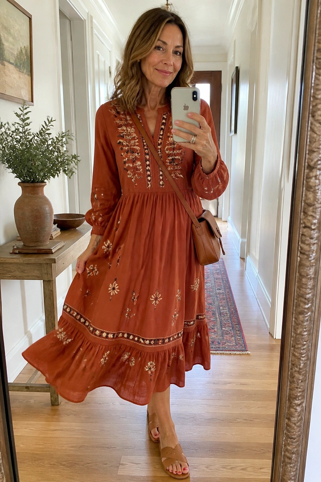 Woman in rust-orange embroidered dress taking mirror selfie in hallway with bag