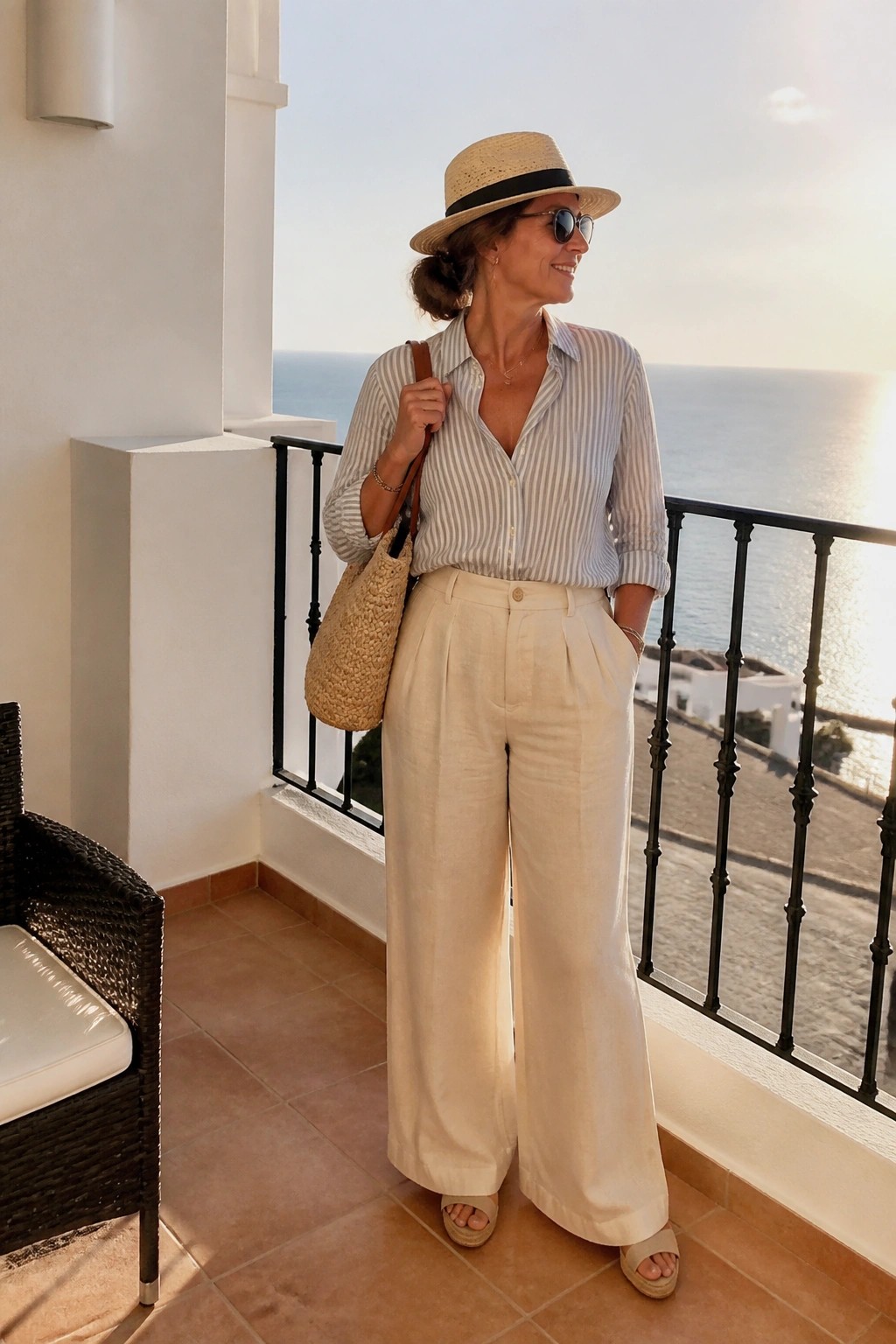 Woman in striped shirt and wide-leg pants with straw hat on ocean balcony.