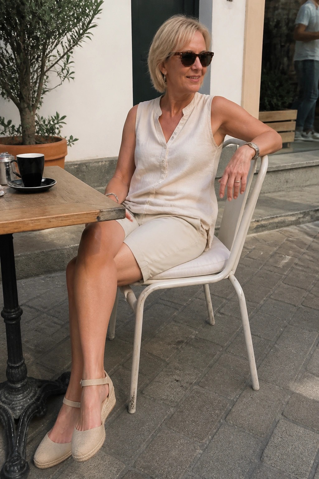 Blonde woman in beige sleeveless top and shorts sits at outdoor cafe with coffee