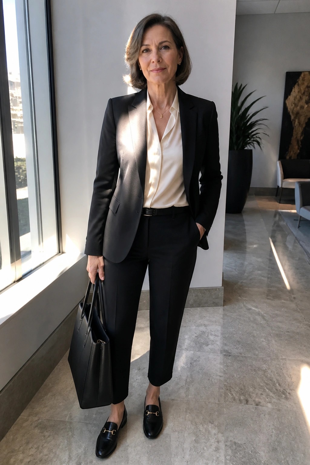 Businesswoman in black suit and cream blouse holding handbag in sunlit modern lobby