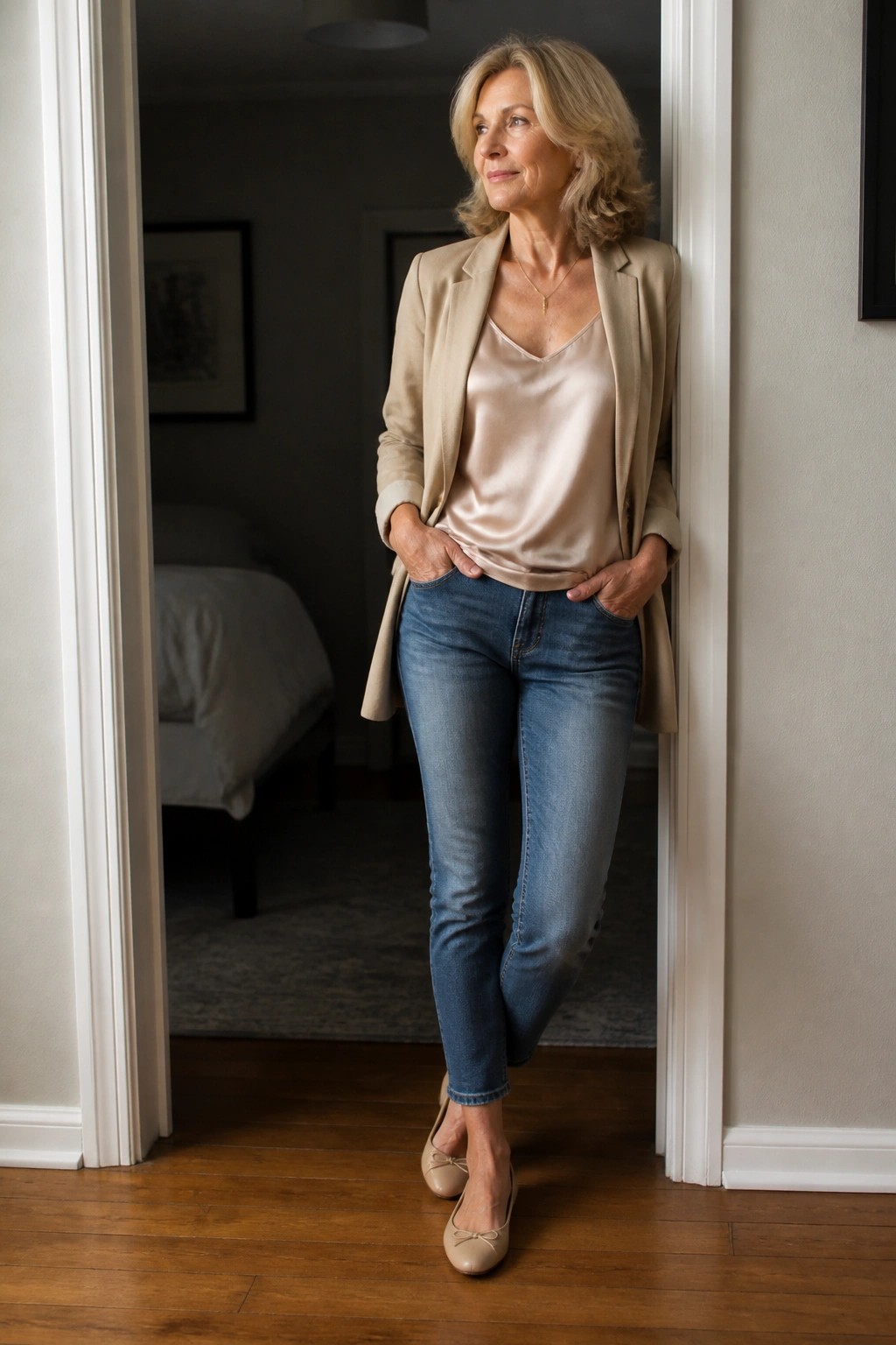 Blonde woman in beige blazer and jeans leaning in bedroom doorway