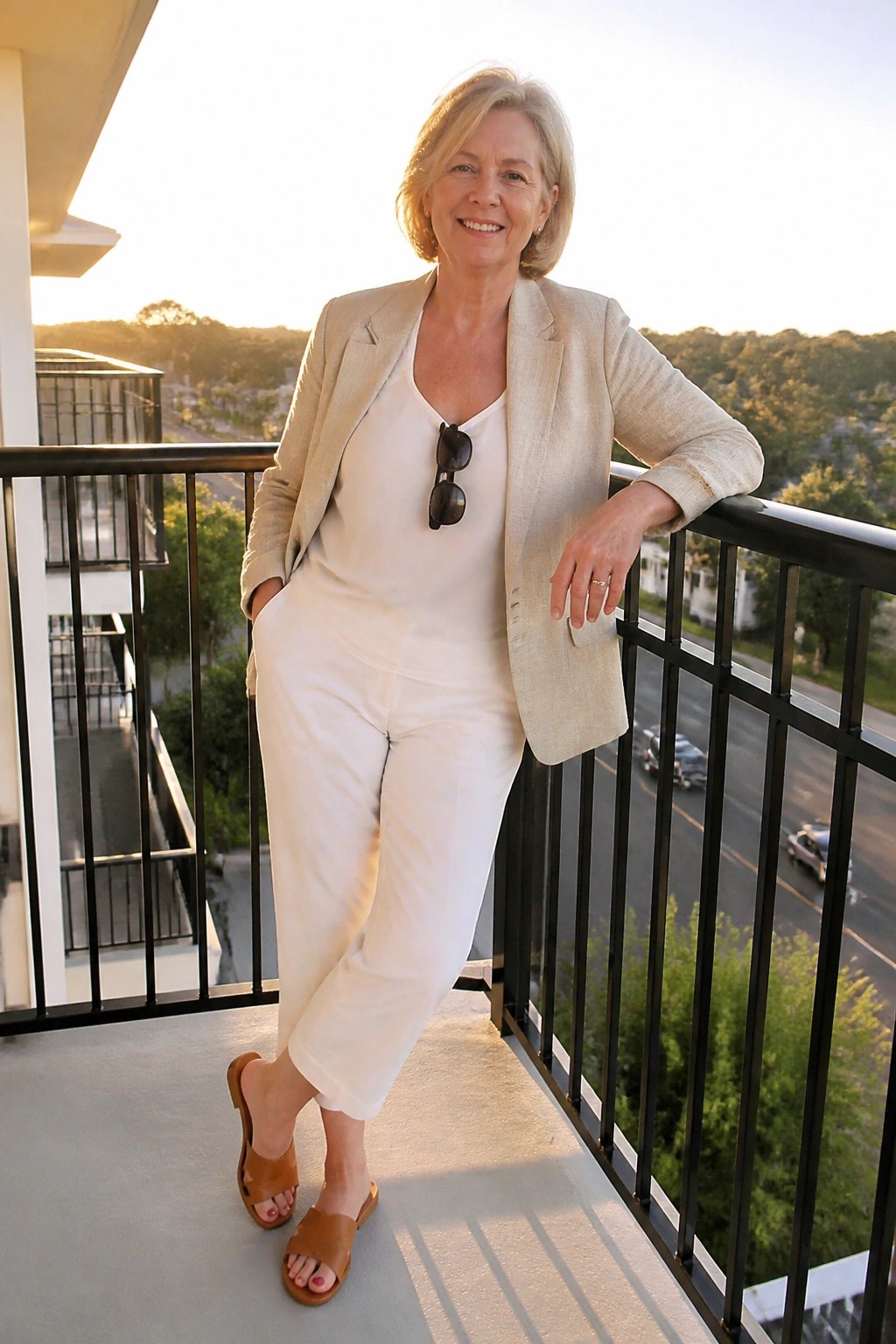 Woman over 50 wearing a beige blazer over a white v-neck top and white cropped pants with brown slide sandals and sunglasses tucked into the neckline.