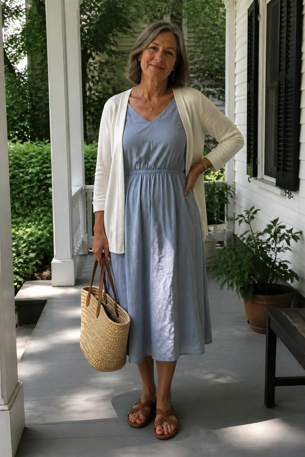 Woman in light blue dress and white cardigan holding straw bag on porch