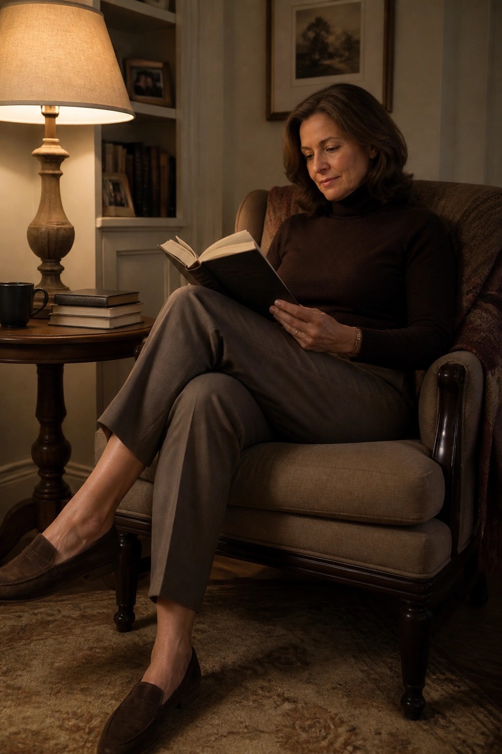 Woman in brown turtleneck reading book in beige armchair beside glowing table lamp.