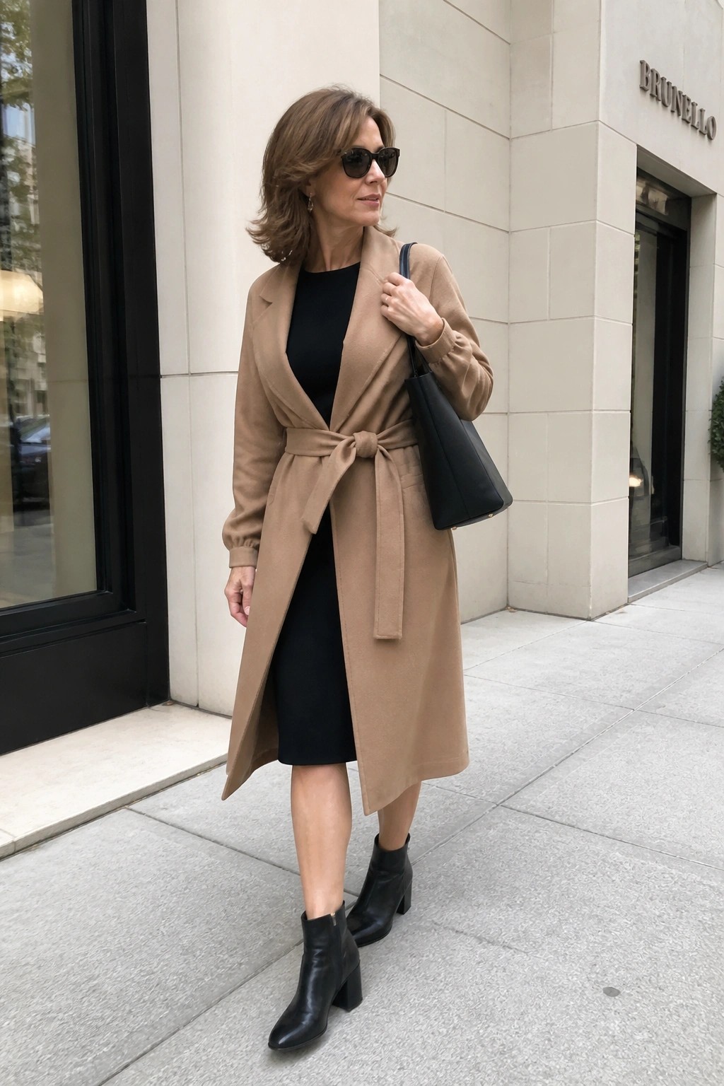 A woman over 50 in a belted camel coat over a black midi dress paired with black ankle boots and a black handbag on a sidewalk.