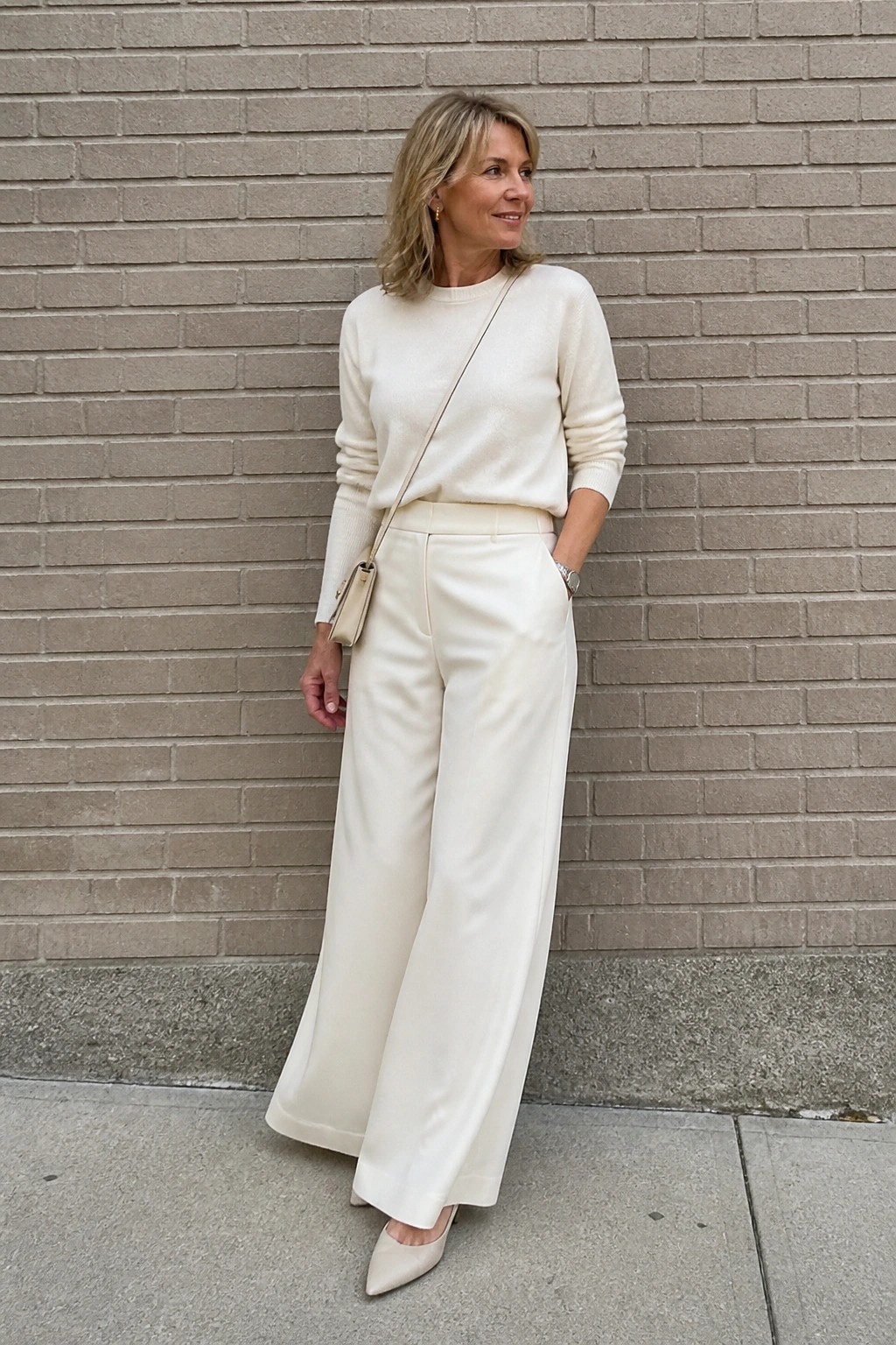 Woman in cream sweater and wide white trousers with beige bag by brick wall