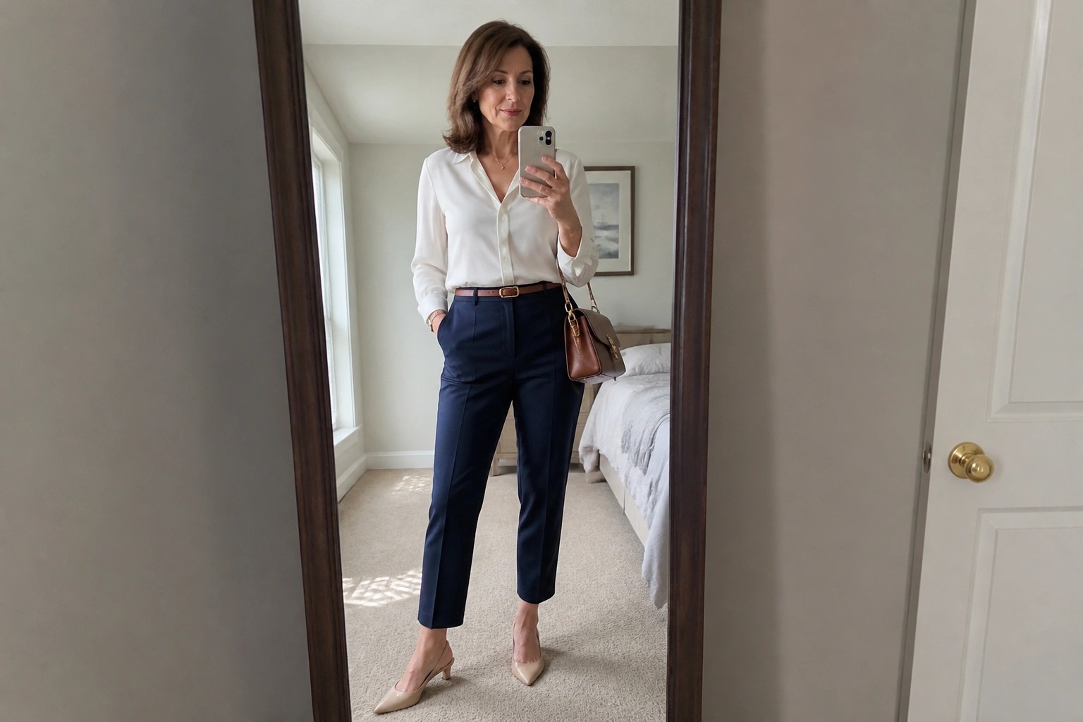 Woman in white blouse and navy pants taking mirror selfie in bedroom