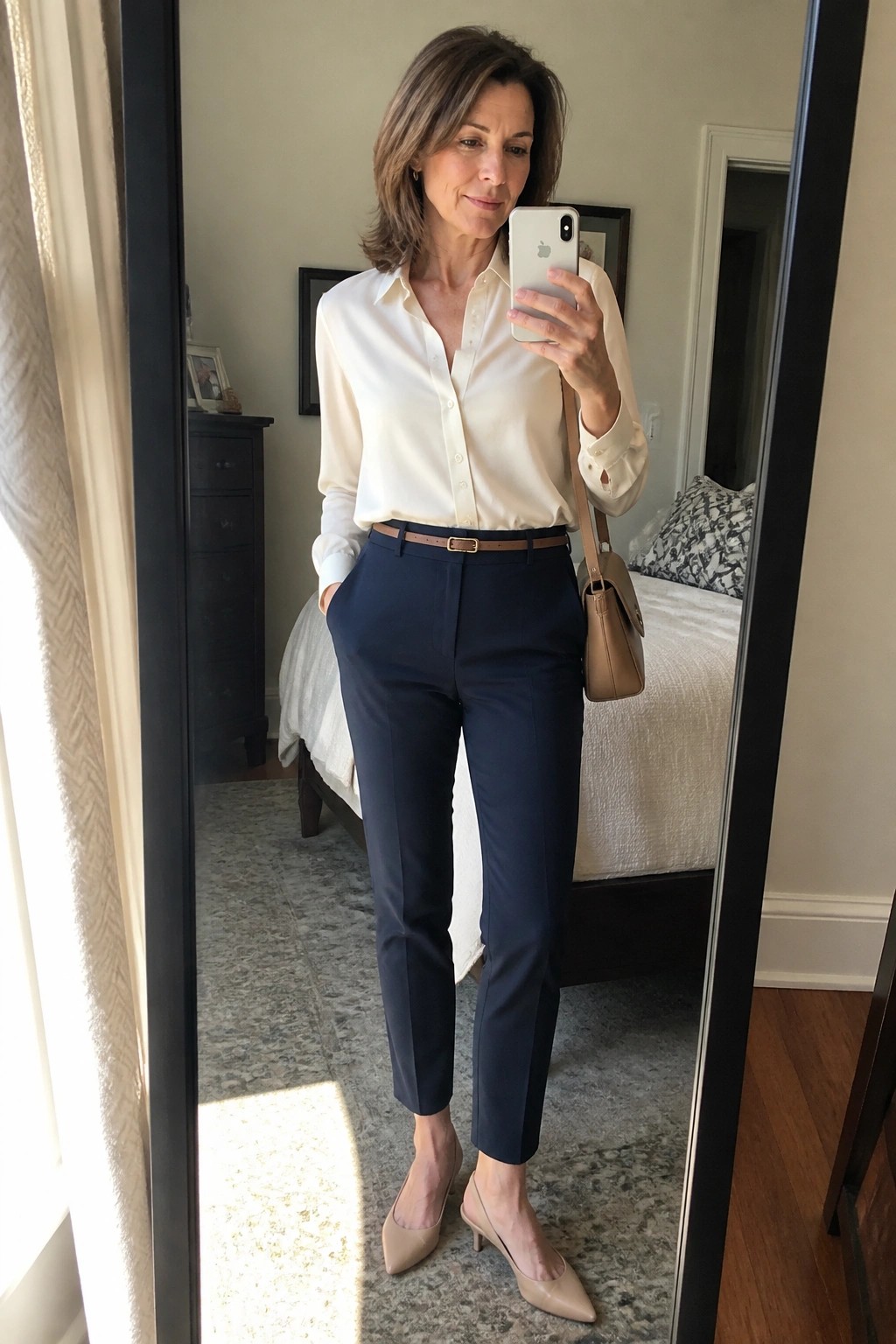Woman in white blouse and navy pants taking mirror selfie in bedroom