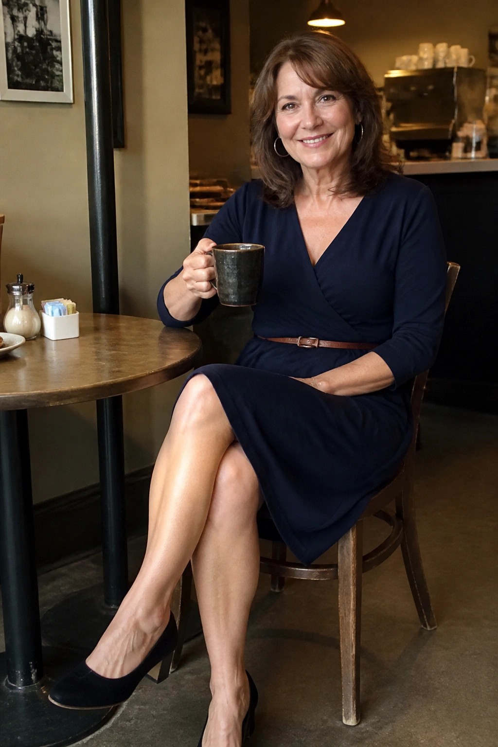 Smiling woman in navy wrap dress holds mug at cafe table.