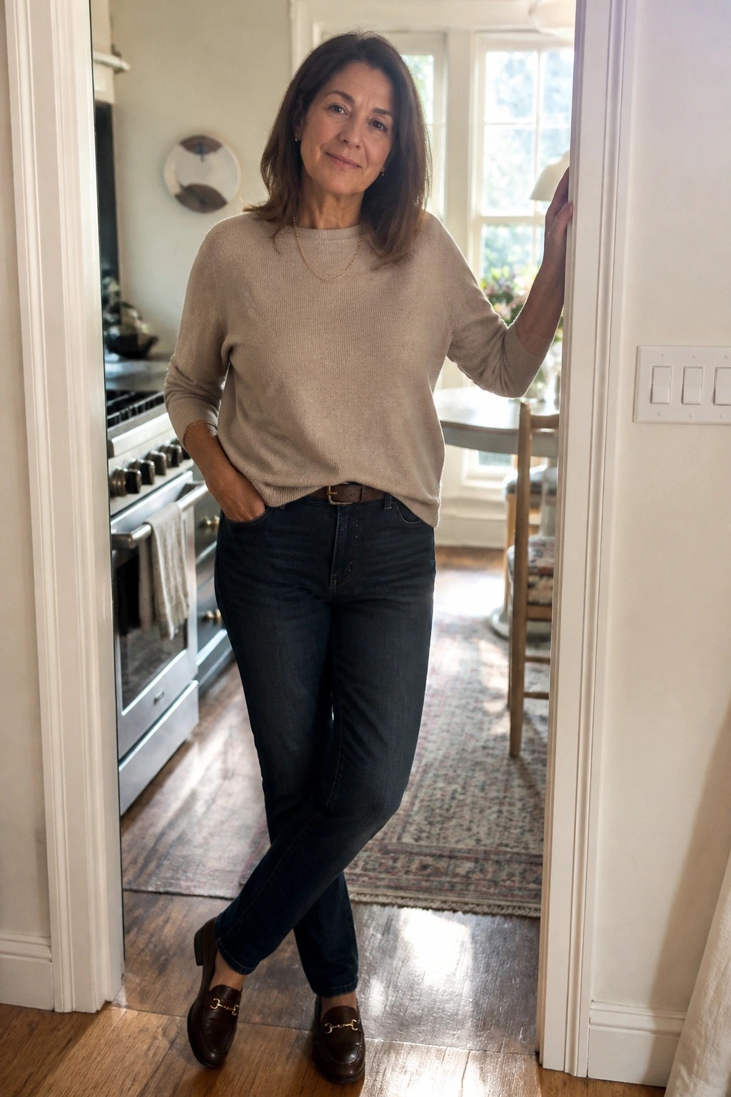 Woman in beige sweater and dark jeans leaning in kitchen doorway