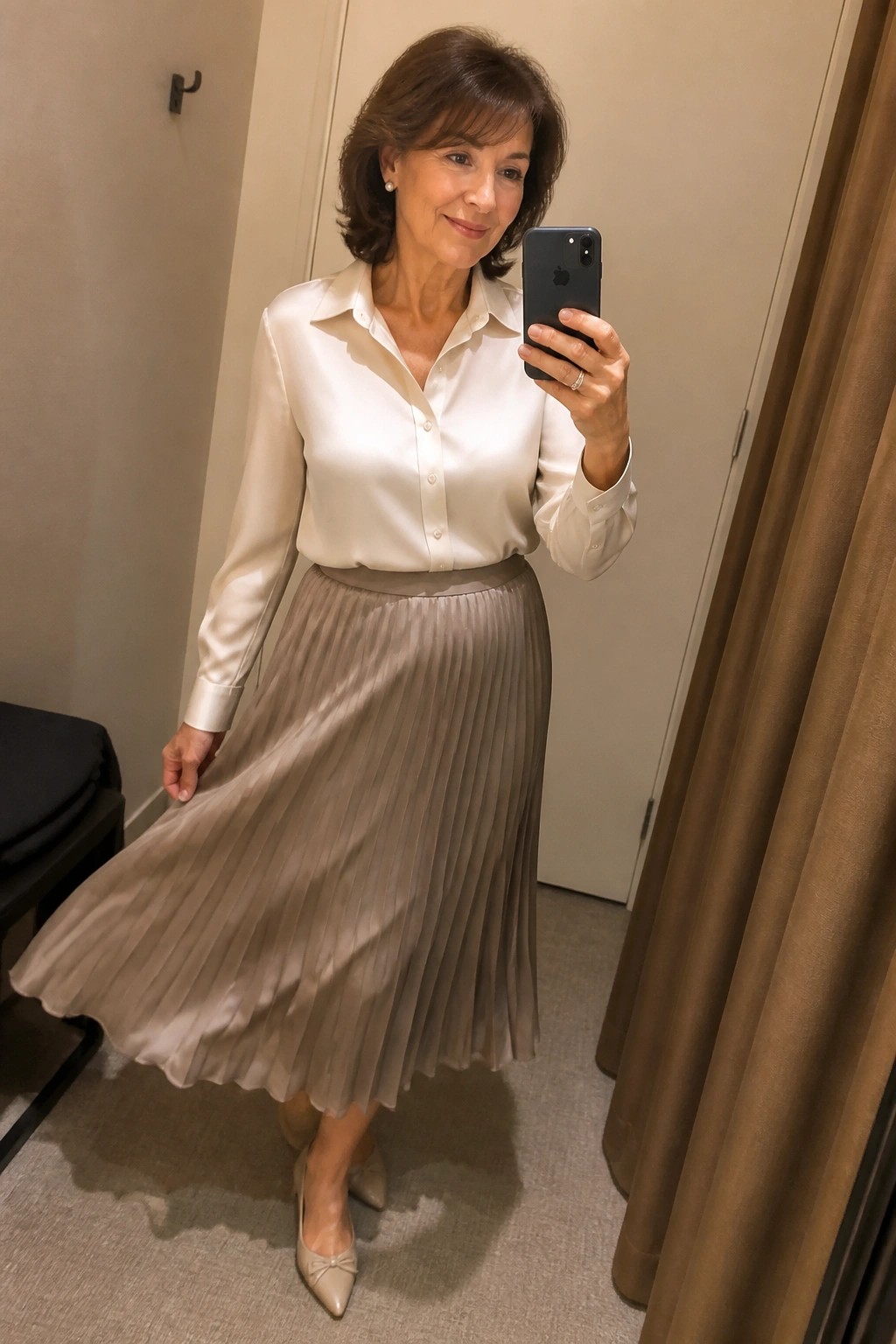 Woman in white satin blouse and taupe pleated skirt taking mirror selfie with phone
