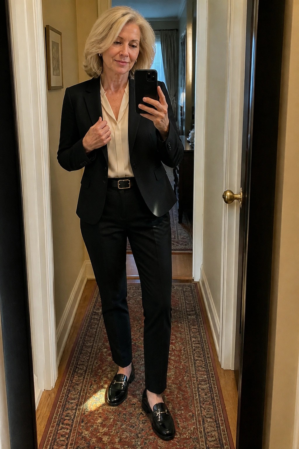 Woman in black blazer and cream blouse taking mirror selfie in hallway