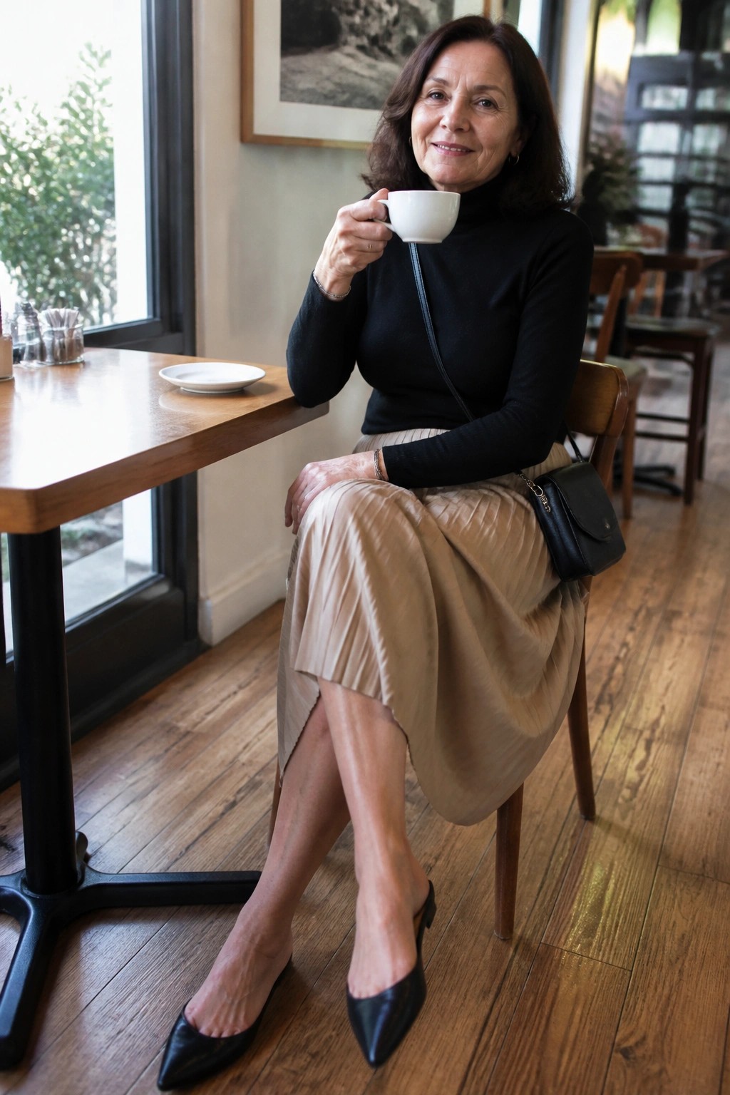Woman in black turtleneck and beige pleated skirt sipping coffee at cafe table