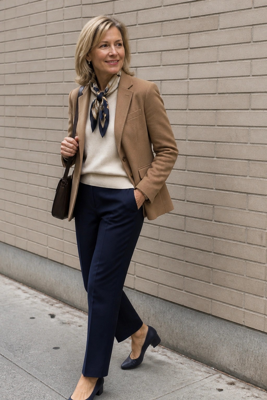 Smiling woman in tan blazer, cream sweater, navy pants with scarf and brown bag.