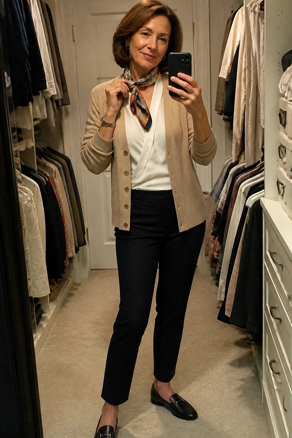 Woman in beige cardigan, white top, and patterned scarf taking closet selfie