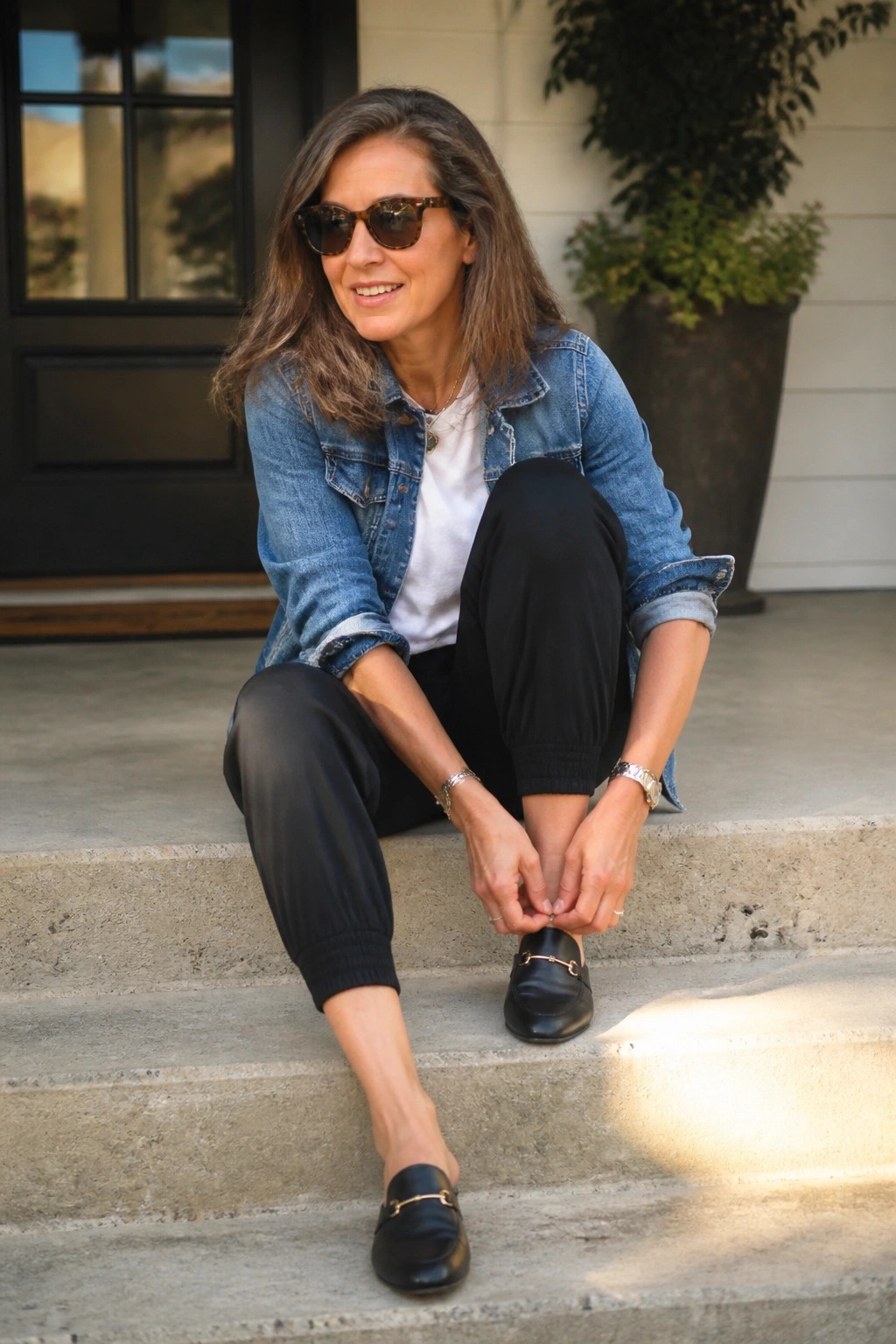 Woman in denim jacket and black pants sitting on concrete steps in loafers